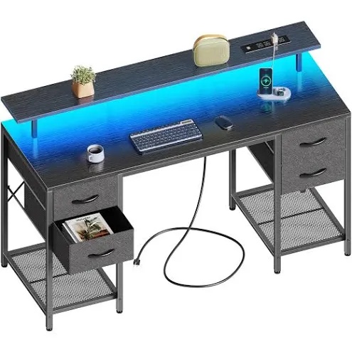 55 inch Computer Desk with 4 Drawers, Gaming Desk with LED Lights & Power Outlets, Home Office Desk with Large Storage Space for Bedroom, Work from Home, Black