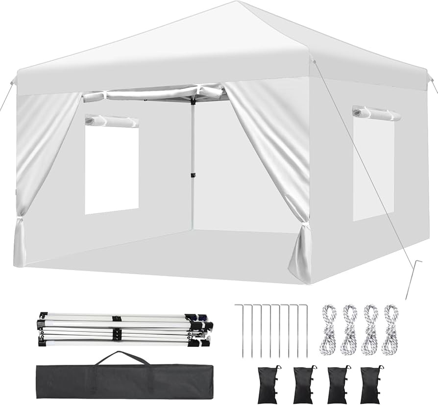 10x10 feet Pop Up Canopy Tent with 4 Removable Sidewalls, Ez Pop Up Outdoor Canopy, Adjustable Waterproof Canopy with Roller Bag, 4 Sand Bags, 4 Ropes and 8 Stakes