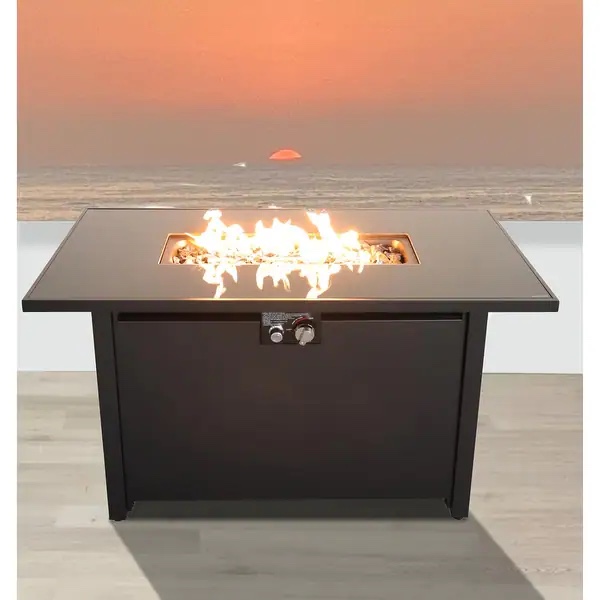 Living Source International 42 White Smoked Glass Metal Rectangle Fire Pit (Black)