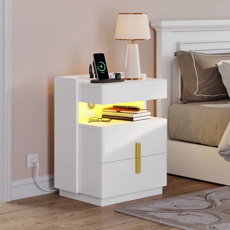 Birte 24.4'' H 2 Drawers Nightstand with Charging Station & LED Lights