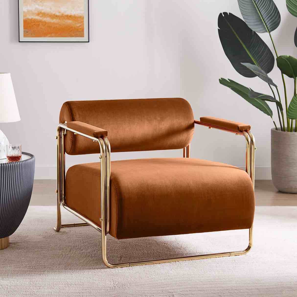 VANOMi 31'' Wide Futuristic Velvet Armchair With Glossy Gold Frame Cylindrical Backrest