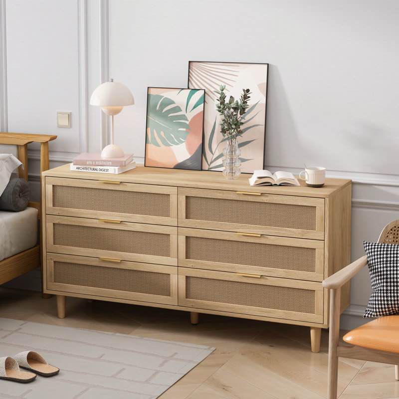 59.06" 6-Drawers Rattan Storage Cabinet Rattan Drawer With White Drawer Slides 