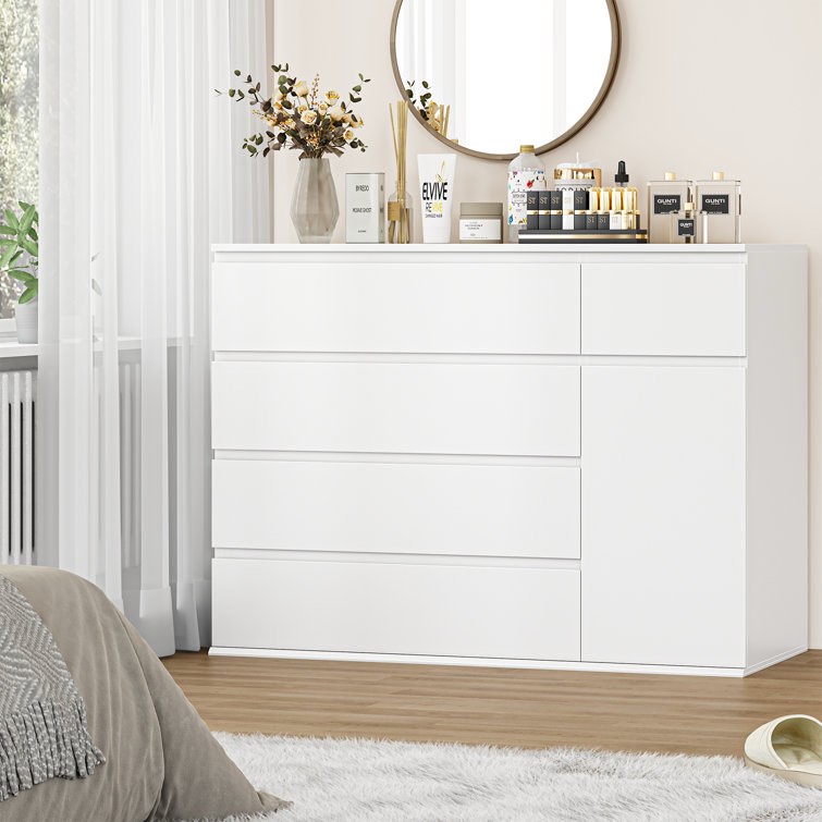 White Kardos 39.3" W Wood Combo Dresser With 5 Drawers And 1 Cabinet, Wood Chest of Drawrs
