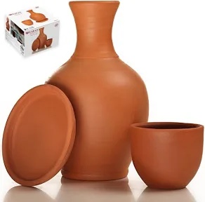 terracotta mud jugs with mug and platter, earthen water carafe set, pottery jar for drinking water, 76 oz