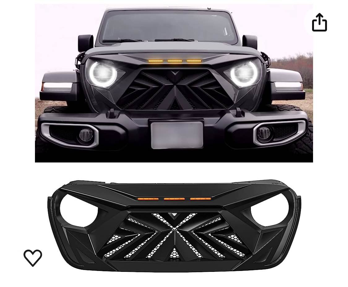 Seven Sparta Front Grill with 3 Amber LED Lights Compatible with 2018-2023 Jeep Wrangler JL JLU Gladiator JT, ABS Mesh Grille (Matte Black)