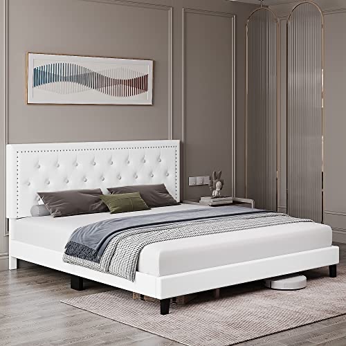GARVEE Homhougo Queen Bed Frame,Upholstered Platform Bed with Diamond Button Tufted & Adjustable Headboard, Faux Leather, Wood Slats Support, Easy Assembly, No Box Spring Needed,White