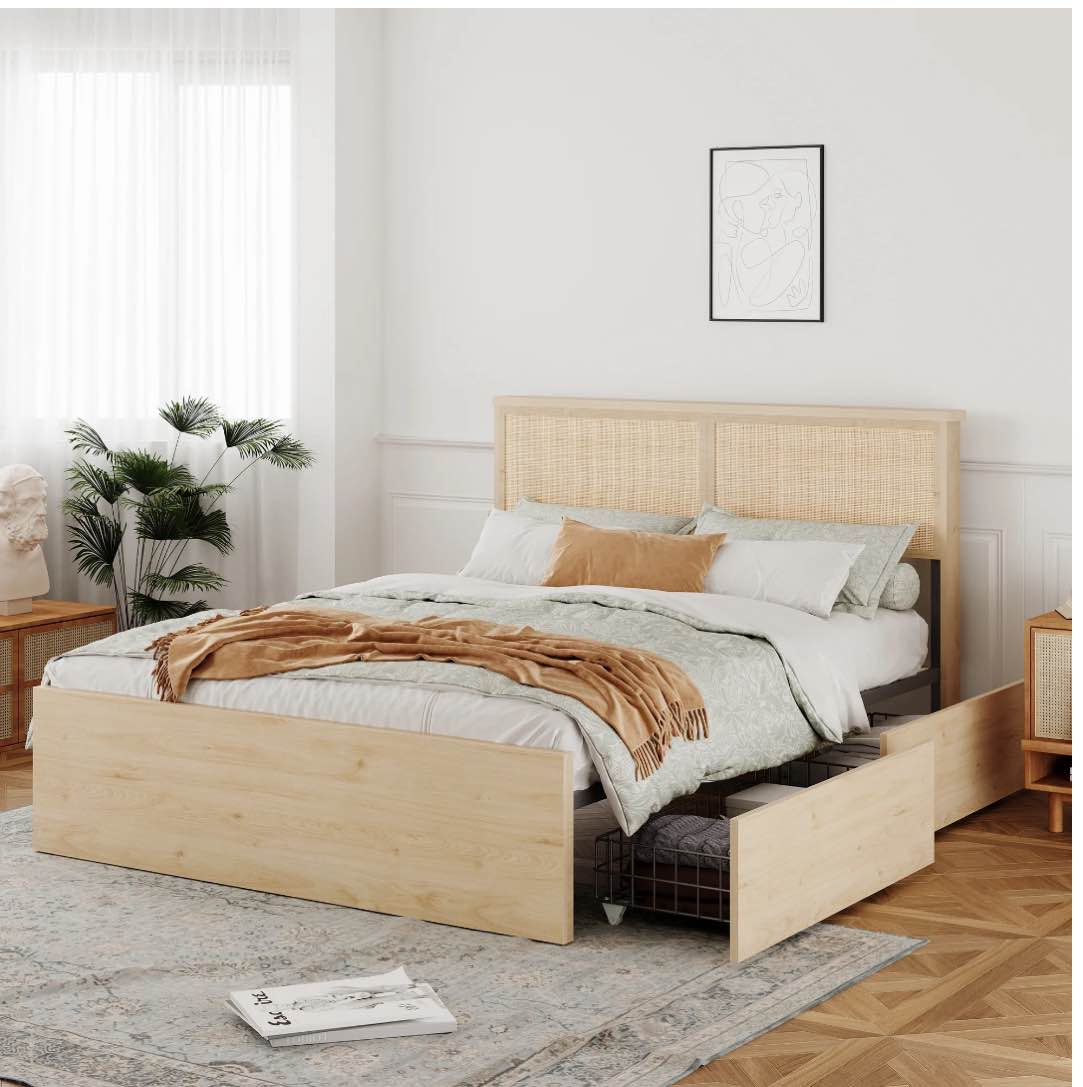 Brafab Natural Rattan Queen Bed Frame with Wooden Headboard and 4 Storage Drawers, Boho Cane Bed Metal Platform Bed with Strong Wooden Slat Mattress Foundation, Noise Free, No Box Spring Needed…
