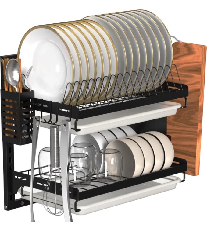  Wall Mounted Dish Drying Rack, Stainless Steel Dish Rack for Kitchen, Large Storage Rack with Utensil Holder -2 Tier