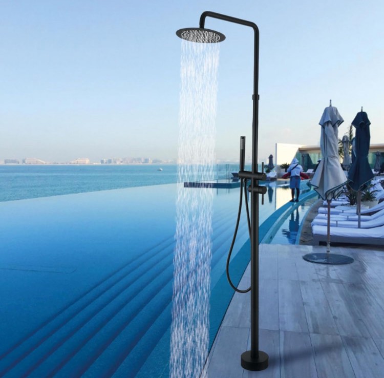 RBROHANT Freestanding Outdoor Shower Black, Height Adjustable Outside Showers for Backyard Garden Pool Beach, Outdoor Shower Fixtures with 10” Rain Shower Head and Handheld, Matte Black, JK0136