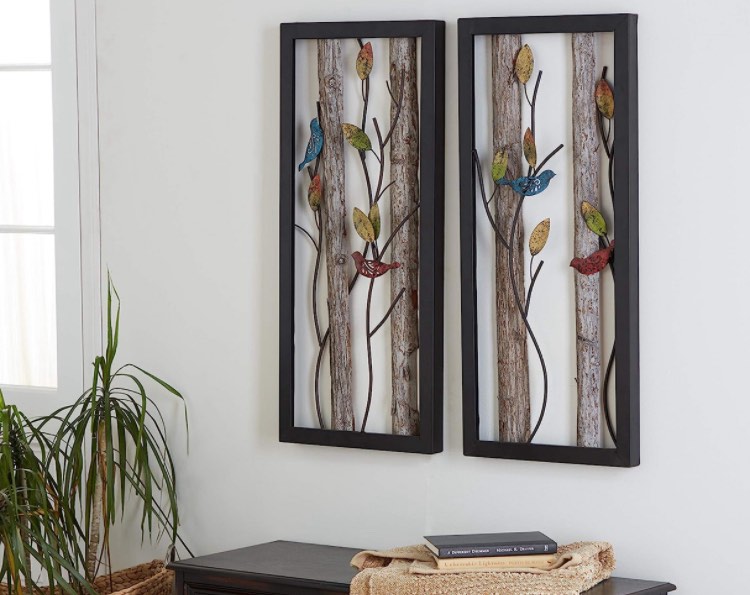 Deco 79 48635 Large Rectangular Red and Blue Birds on Branches Wood and Metal Wall Décor, Eclectic Wall Art, Bird Décor, Bird Sculptures | Set of 2: 16" x 36" Each, White