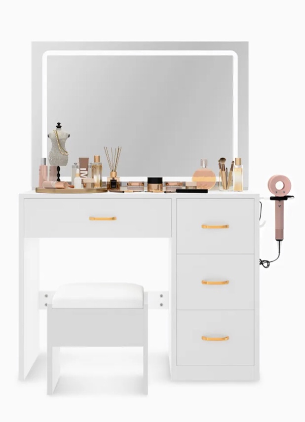 FTBFVT-7004 36" Modern Mirror Makeup Vanity with 4 Drawers Charging Station and Light Strip, White and gold ONLY Box 1 of 2