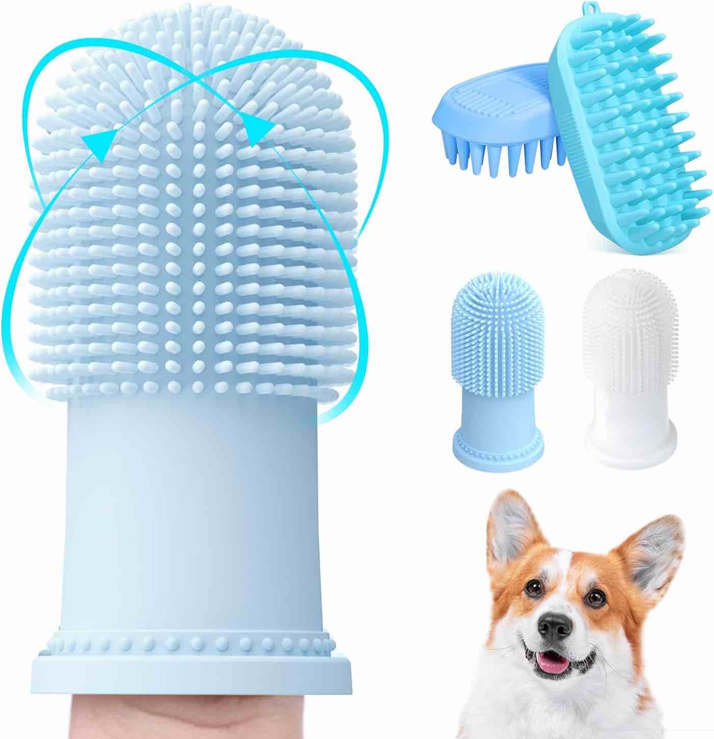 Bilibara 2 Pack Dog Toothbrush with Shampoo Bath Brush, 360° Dog Finger Teeth Brush with Cat Brush for Grooming/Shower/Washing/Cleaning, Soft Rubber Silicone Dog Massage Comb for Small & Large Pets