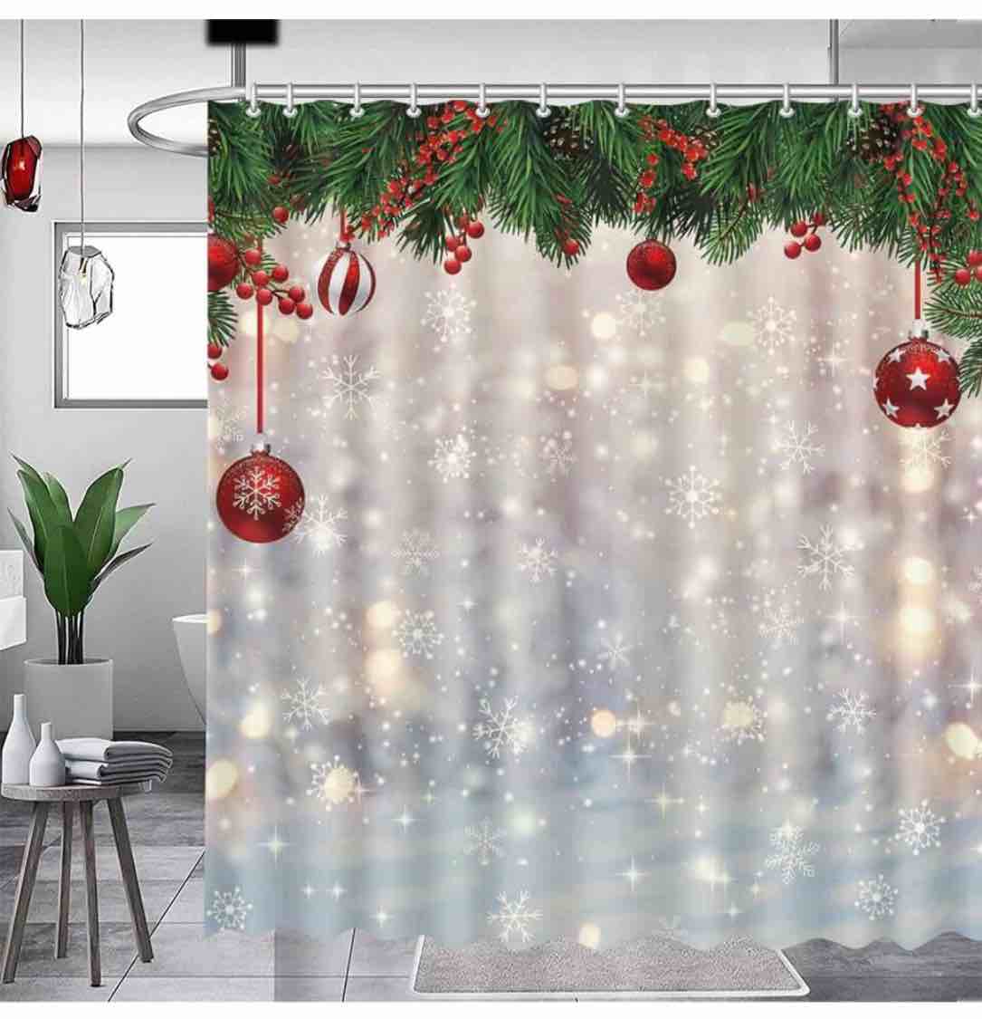 MEHOFOND Christmas Shower Curtain Xmas Shower Curtain Winter Wonderland Snowflake Pine Tree Leaves Shower Curtain for Bathroom Decor Washable Durable Fabric Bathroom Curtains 72x72 in
