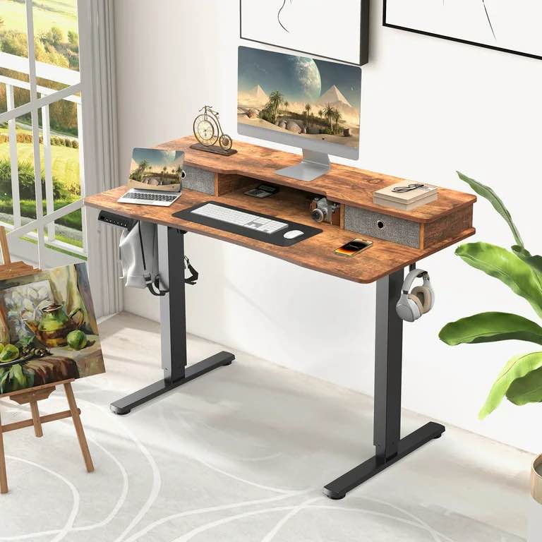 Rustic Brown Surface Electric Sit Stand Desk with Ample Storage and Height Adjustability, 48 x 24 Inches, Rust Brown