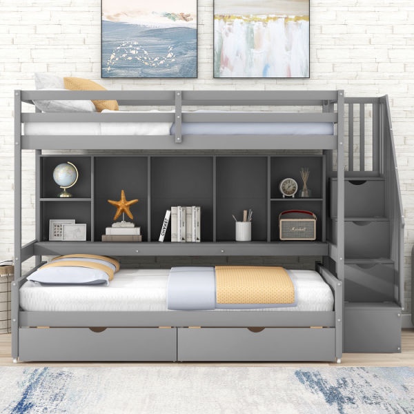 Twin XL over Full Bunk Bed with Built-in Storage Shelves; Drawers and Staircase - Gray