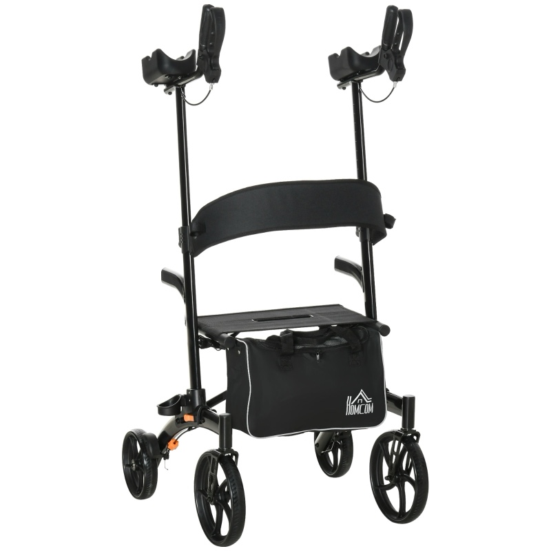 HOMCOM Aluminum Forearm Rollator Walker for Seniors and Adults with 10'' Wheels, Seat and Backrest, Folding Upright Walker with Adjustable Handle Height and Removable Storage Bag, Black
