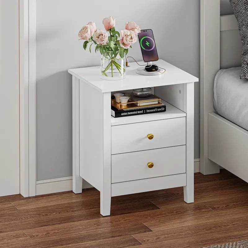 YITAHOME Set of 2 Modern Nightstand with Charging Station and 2 Drawers - White
