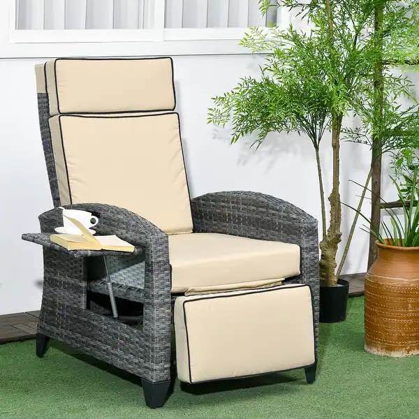 Outsunny Outdoor Recliner Chair with Cushion, PE Wicker Reclining Patio Lounge Chair with Adjustable Footrest
