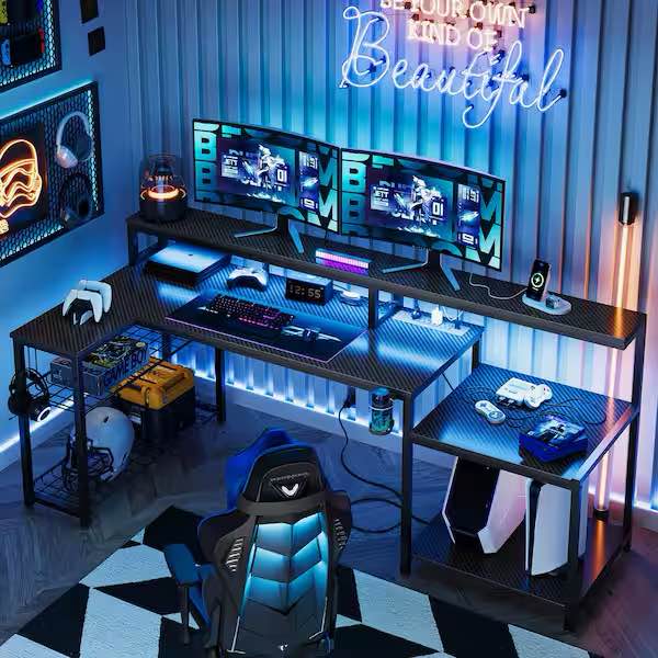 71.5 in. L-Shaped Black Carbon Fiber LED Desk with Monitor Stand, Storage Shelves and Power Outlets