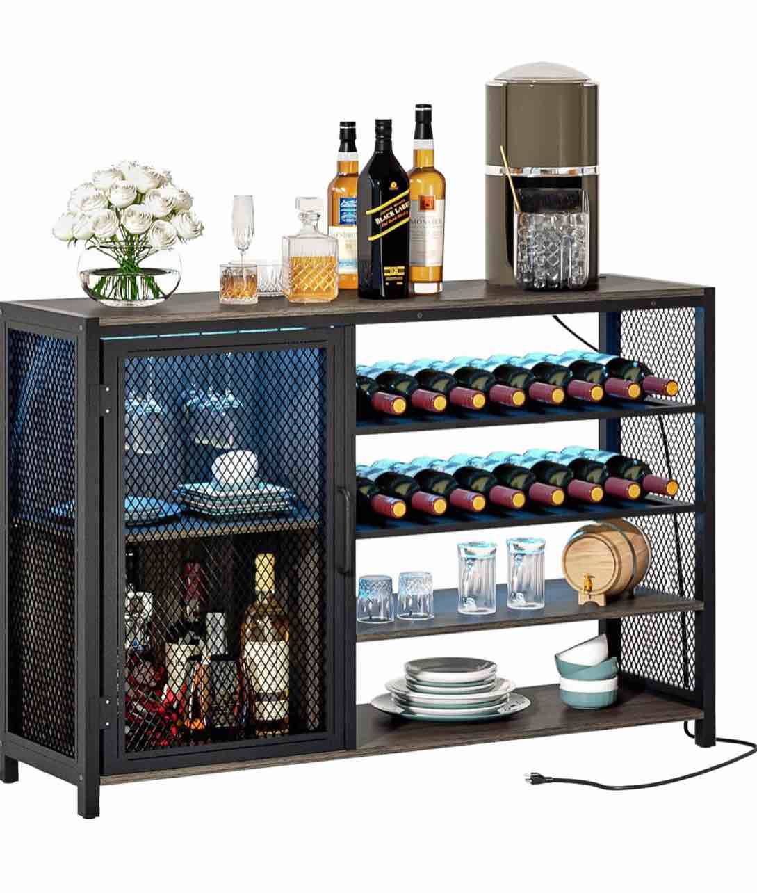 Wagasun Bar Cabinet, Wine Bar Cabinet, Home Corner Bar Cabinet, Wine Bar Cabinet with Power Outlet, Bar Wine Cabinet with RGB LED Lights for Dining Living Room Kitchen, Gray