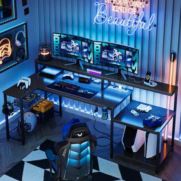Bestier 71.5 in. L-Shaped Black Carbon Fiber LED Desk with Monitor Stand, Storage Shelves and Power Outlets