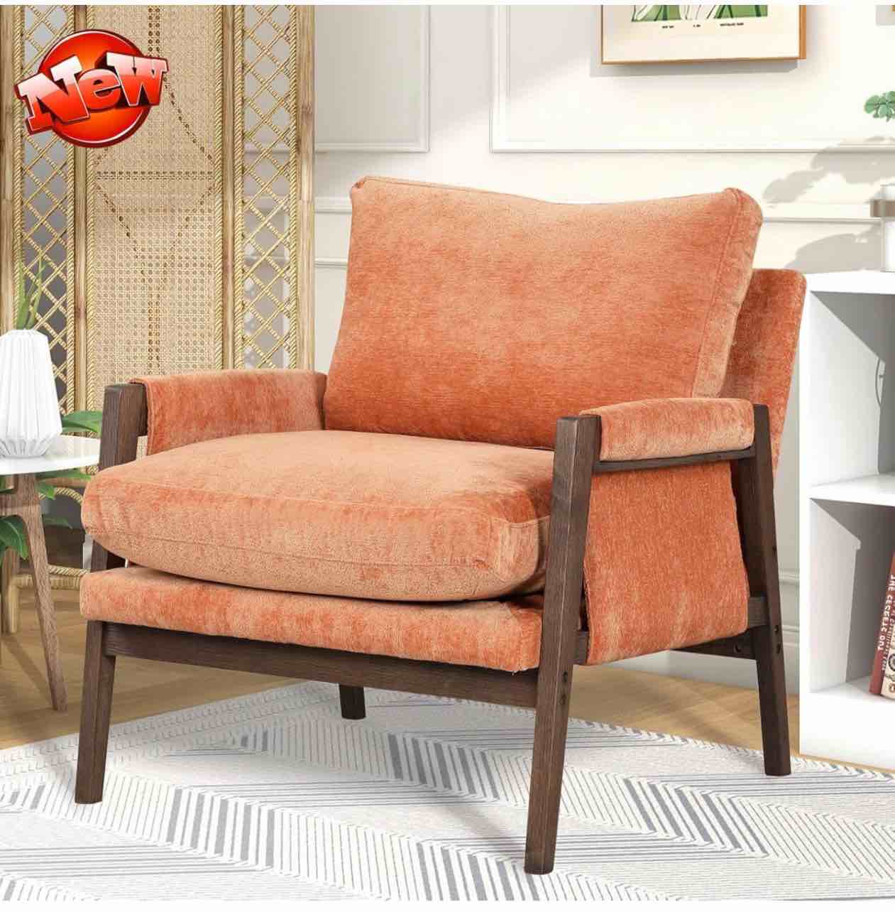 EBOOBA Upgraded Version & Stronger Mid-Century Modern Velvet Accent Chair,Thicken Leisure Chair with Solid Wood,Upholstered Living Room Chair, Armchair Side Chair for Bedroom,Studio. (Orange)