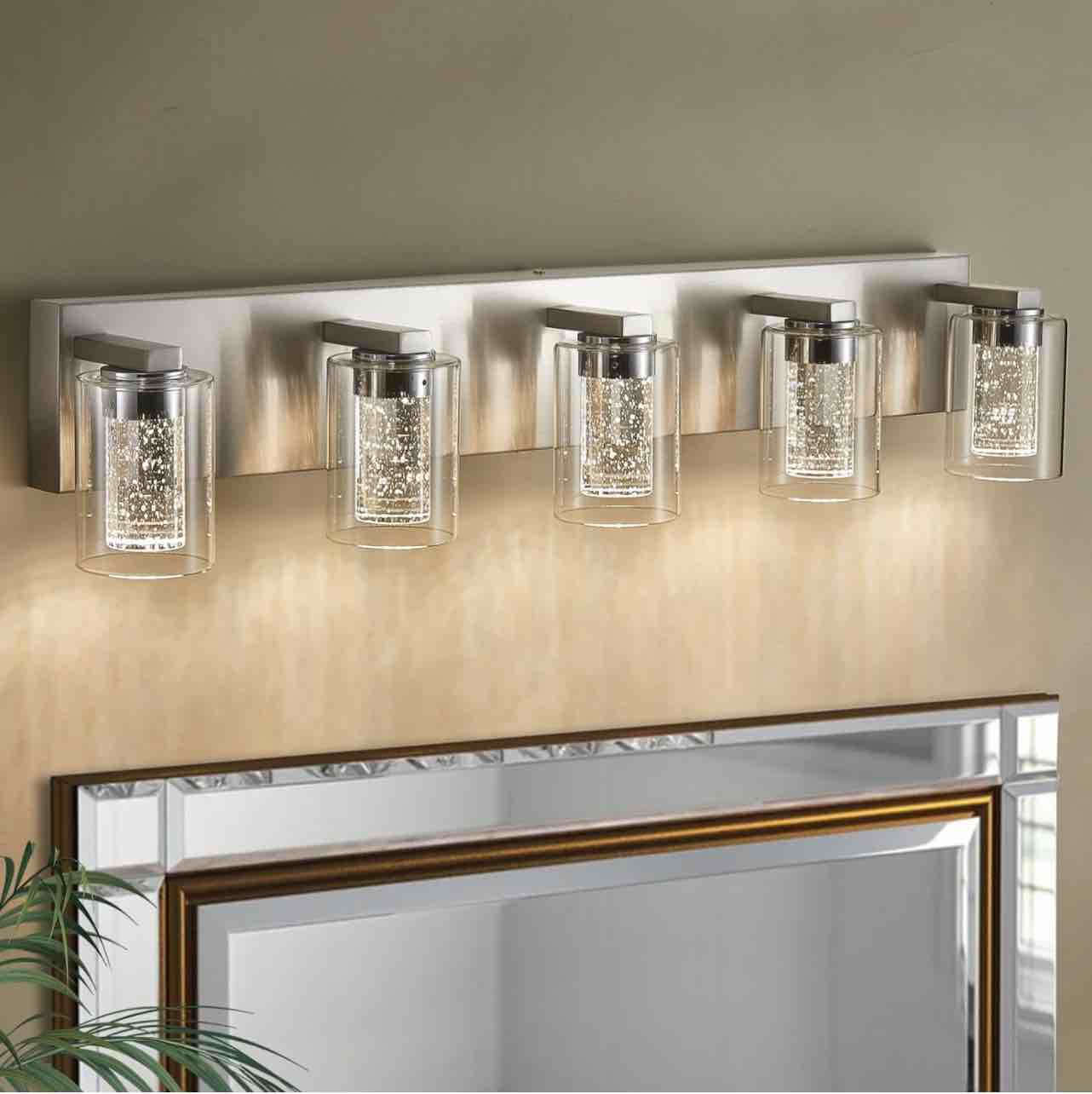Yenlacy Bathroom Light Fixtures, 5 Light Brushed Nickel Bathroom Vanity Light, Crystal Bubble Glass With Dimmable 3-Color Lights, Modern Bathroom Wall Sconce For Bathroom Hallway Kitchen Bedroom Living Room