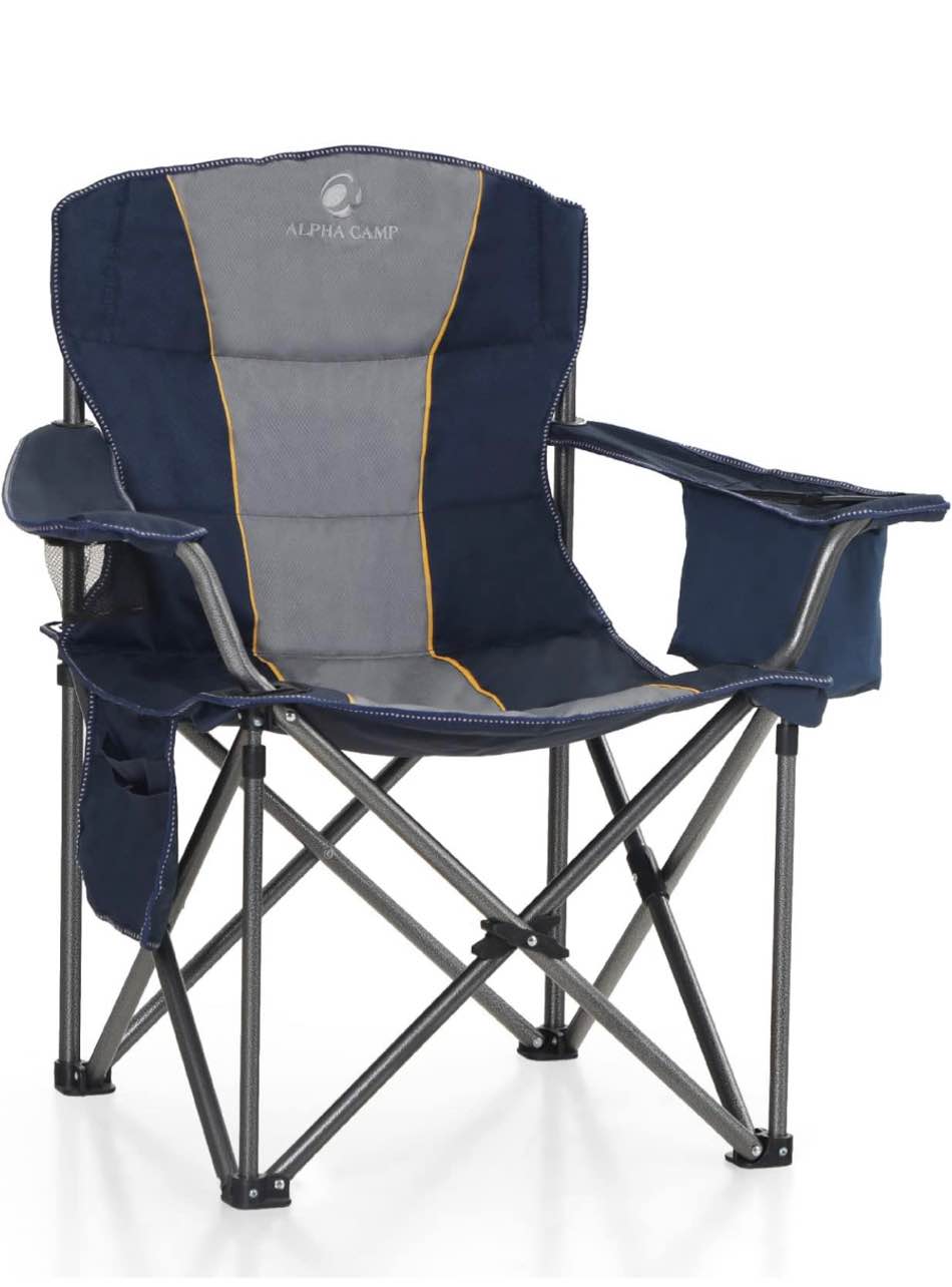 ALPHA CAMP Oversized Folding Camping Chair, Heavy Duty Portable Lawn Chairs with Cooler Bag, Side Pocket & Cup Holder, Folding Chairs for Outside Support 450 LBS
