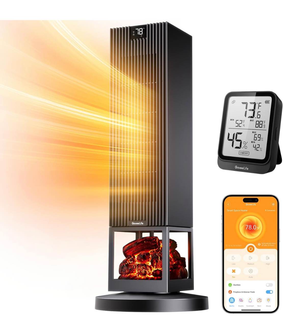 GoveeLife Hygrometer Thermometer H5104 Bundle with GoveeLife Smart Space Heater Max for Indoor Use, 80°Oscillation, 1500W Fast Heating, Electric Heater Safe for Bedroom Home Office H7134