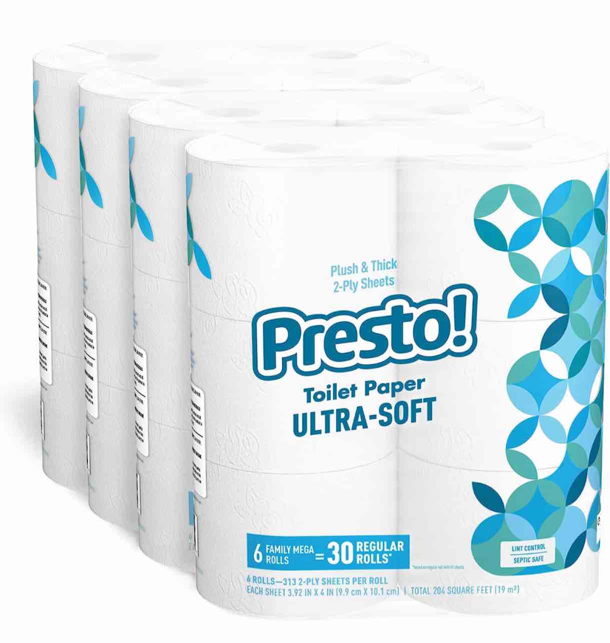 Presto! 2-Ply Ultra-Soft Toilet Paper, 24 Family Mega Rolls = 120 regular rolls, 6 Count (Pack of 4), Unscented
