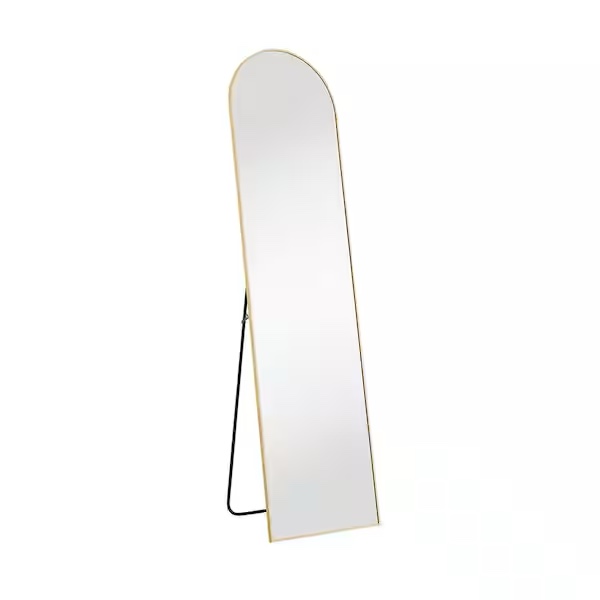 16 in. W x 59 in. H Aluminium Alloy Frame Gold Arched Floor Mirror, Floor Stand and Wall Mounted Hooks