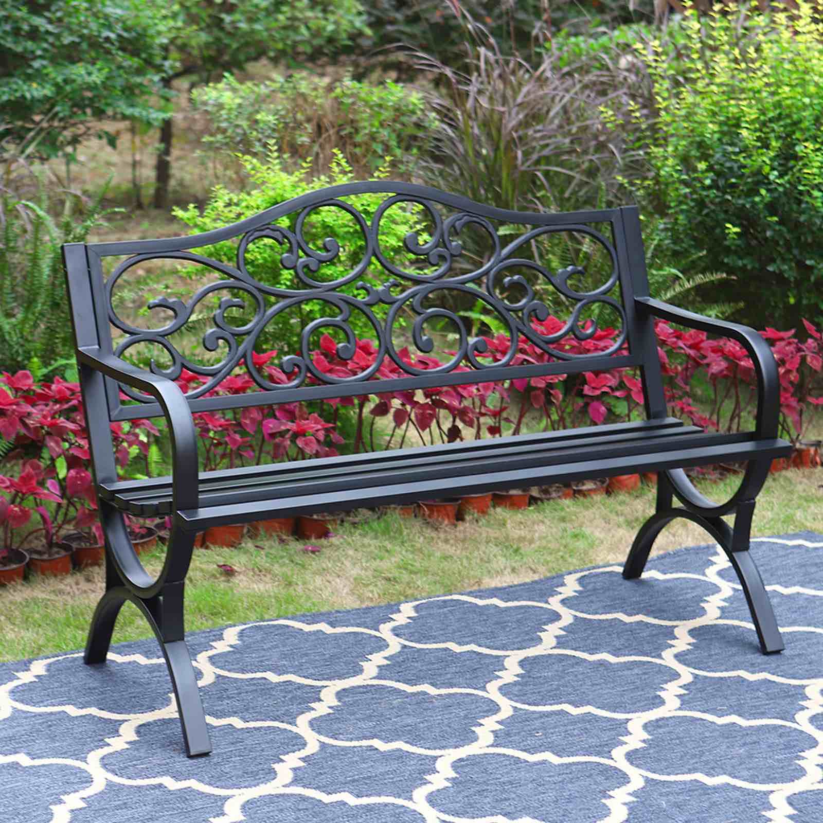 MFSTUDIO 50 Inches Outdoor Garden Bench,Cast Iron Metal Frame Patio Park Bench with Floral Pattern Backrest,Arch Legs for Porch,Lawn,Yard-Black