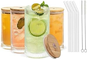 Glass Cups with Straws, 12oz Drinking Glasses Set of 4,Ribbed Glassware Dishwasher Safe Cocktail glasses-Clear Heavy for Ribbed Iced Coffee Cups for Cocktail, Whiskey, Beer, Juice, Water