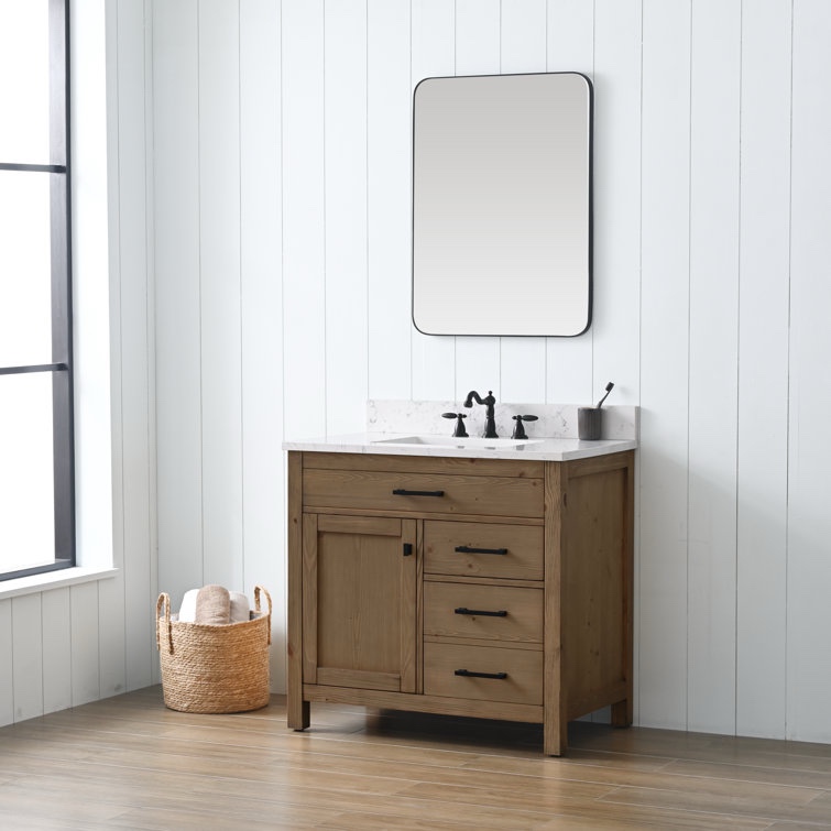36'' Single Bathroom Vanity with Top, Textured Natural Wood Vanity with 1 Cabinet, 2 Drawers 1 False Drawer and Black Handles. Engineered Stone Marble Top 34'' H X 36'' W X 22'' D