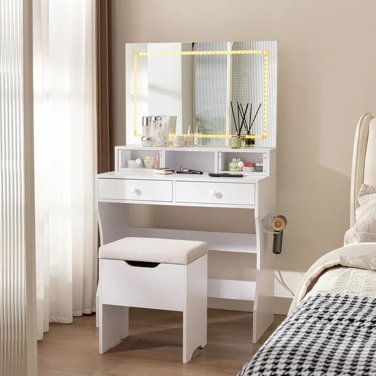 VECELO Vanity Desk with 5 Drawers & LED Lighted Mirror & Power Outlet, Stylish Bedroom Makeup Table Set with Storage Stool, 3 LED Light Modes, White