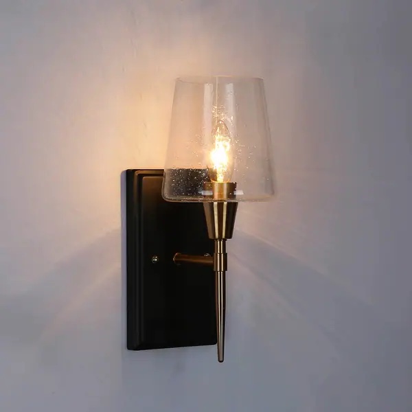 Kahlil Modern Black Gold 1-Light Seeded Glass Wall Sconces Bathroom Vanity Lights - 5" L x 6.5" W x 12.5" H