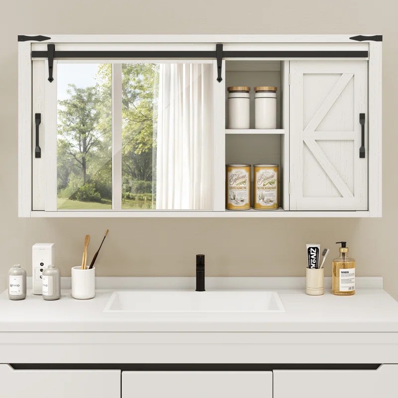 Ebern Designs 47.2'' W Wall Mounted Surface Framed Medicine Cabinet Mirror With Barn Door