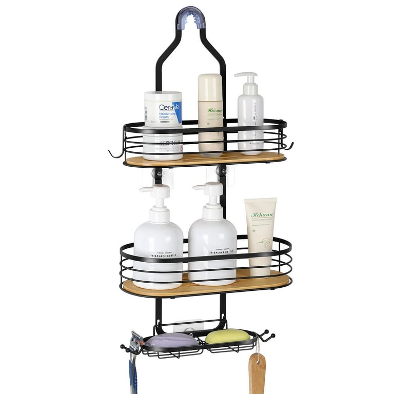 5 Black Stainless Steel & Bamboo Hanging Caddy - Over-The-Head Shower Organizer with Hooks & Suction Cups  