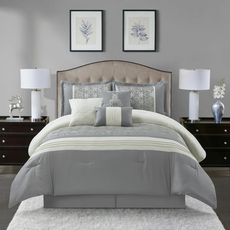Nanshing Marley 7 Piece Damask Comforter Set , Grey , California King Size , Jacquard with matching solid piece work