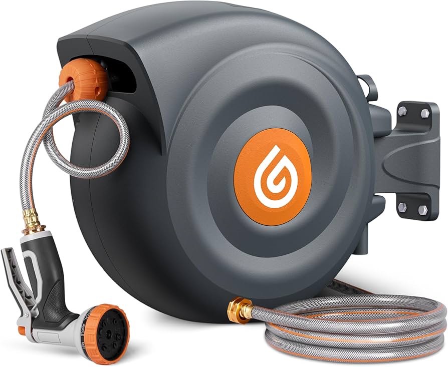 Retractable Garden Hose Reel 100ft, 1/2"Reinforced Leak-proof Water Hose, 10-Pattern Hose Nozzle, Slow Rewinding, UV Resistant, Durable Brass Fittings, 3-Layer PVC Hose, 180° Swivel Bracket