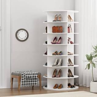 7 Tier Rotating Shoe Rack, 360° Revolving Free Standing Shoe Organizer, Multifunctional Storage Revolving Shoe Rack Tower, Spinning Shoe Display Lazy Susan (White)