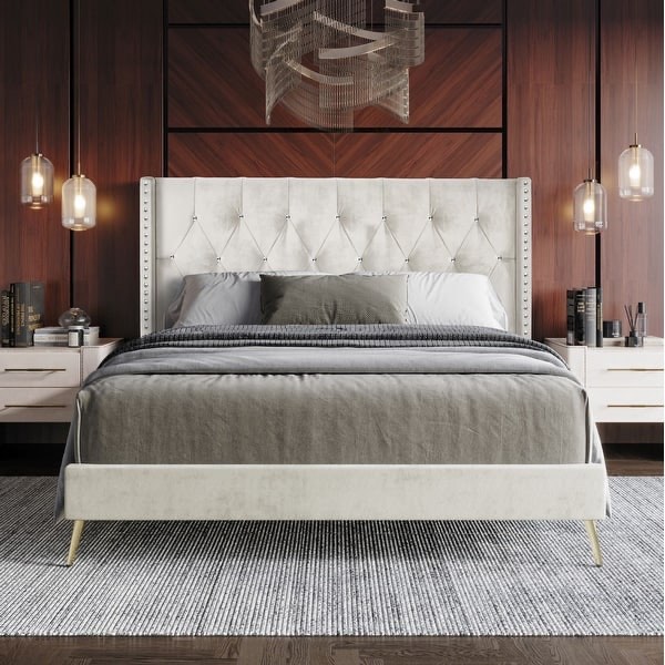 Homer Tufted Upholstered Platform Bed - Beige - Queen 