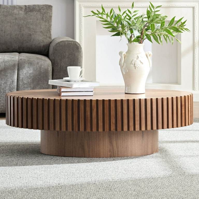 Modern Handcraft Drum Coffee Table, Coffee Table with Sturdy Pedestal, Round Coffee Table for Living Room, Walnut