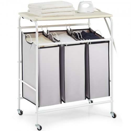 VEVOR 3-Section Laundry Sorter Cart with Ironing Board, Laundry Hamper with Heavy Duty Lockable Wheels and 3 Removable Bag, Rolling Laundry Basket Sorter for Clothes Storage