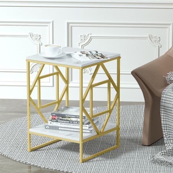 2 Tier Sintered Stone Coffee End Table Geometric - Gold