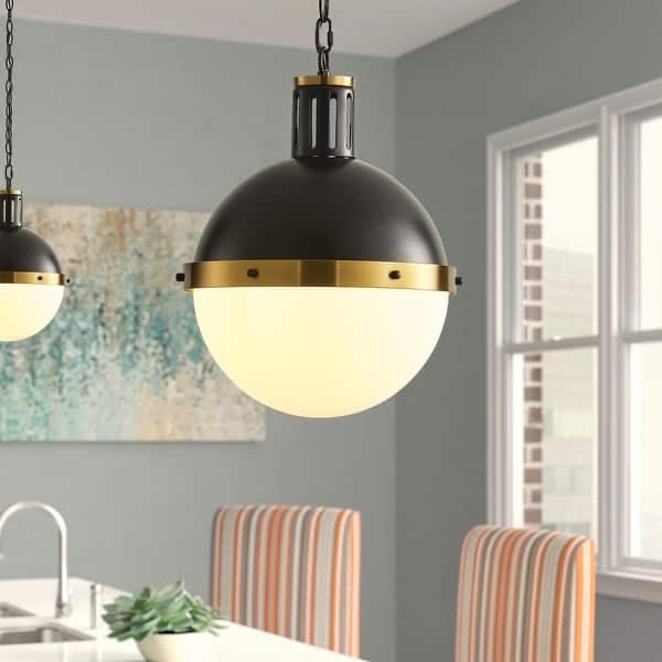 13-Inch Matte Black Globe Pendant Light with Half Opal Glass Shade