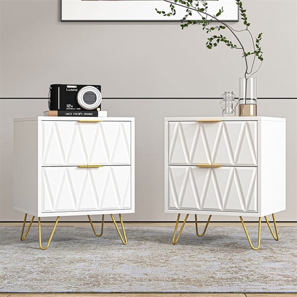 Modern Simple Geometric 2-Drawer Nightstand with Metal Handle - White/2 pcs