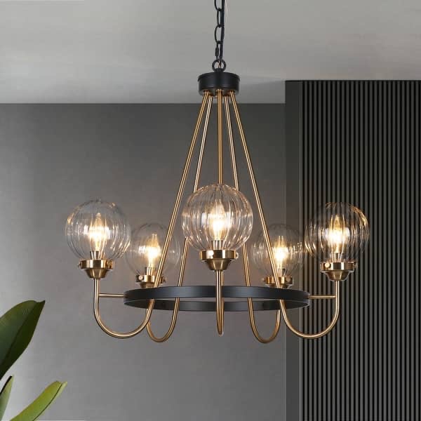 Modern 5-Light Black Gold Wagon Wheel Chandelier Glass Pendant Light for Dining Room - 22" D x 21.5" H  
