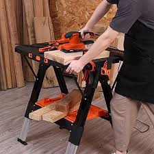 Pony Portable Folding Work Table, 2-in-1 as Sawhorse & Workbench, Load Capacity 1000 lbs-Sawhorse & 500 lbs-Workbench, 31'' W×25'' D×25''-32''H, with 4pcs Clamps, 4pcs Bench Dogs, 2pcs Safety Straps