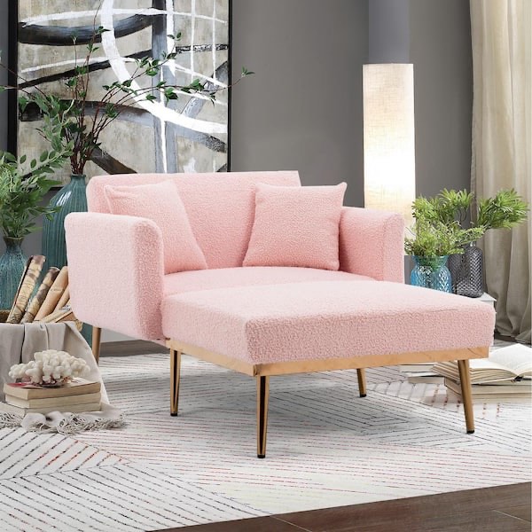 Light Pink Teddy Fabric Tufted Chaise Modern Lounge Chair with Golden Metal Legs